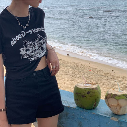 Crop Print Lettering Crew Neck T-Shirt Short-Sleeve