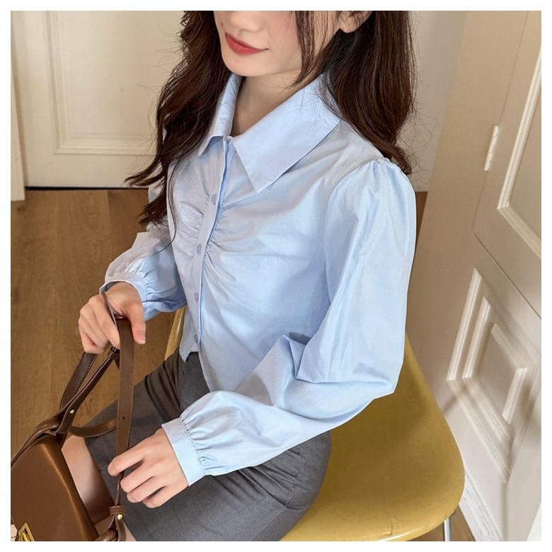 Collared Plain Ruched Shirt