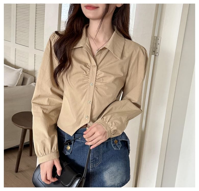 Collared Plain Ruched Shirt