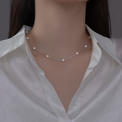 Faux Pearl Rhinestone Sterling Silver Necklace