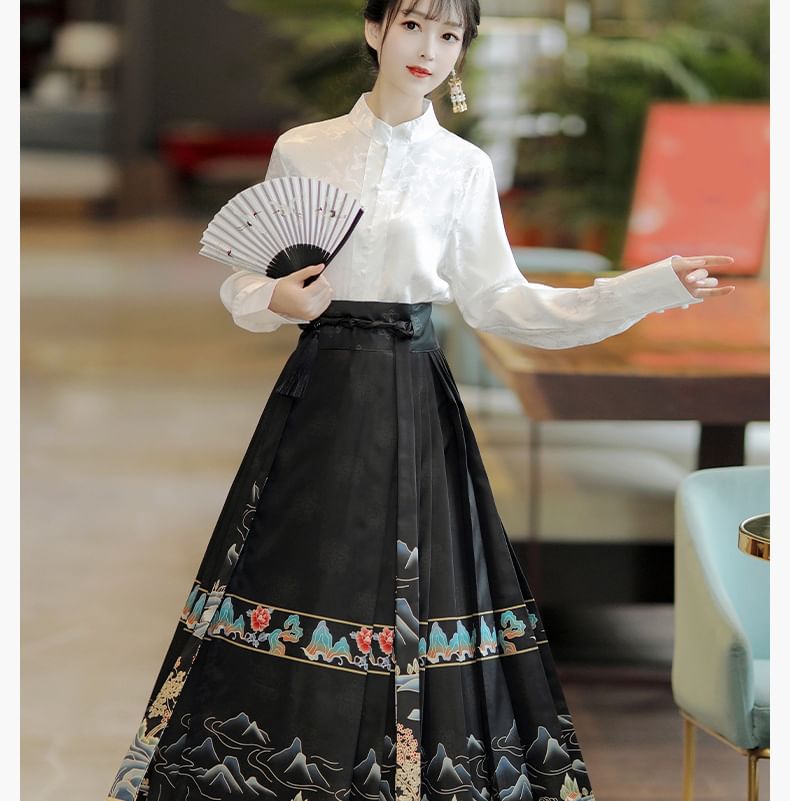 High Waist Mountain Print Maxi Ma Mian Skirt / Floral Shirt / Set