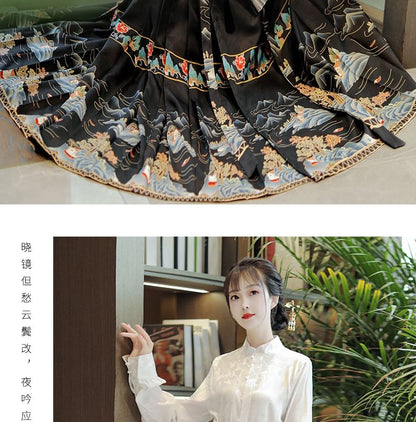 High Waist Mountain Print Maxi Ma Mian Skirt / Floral Shirt / Set