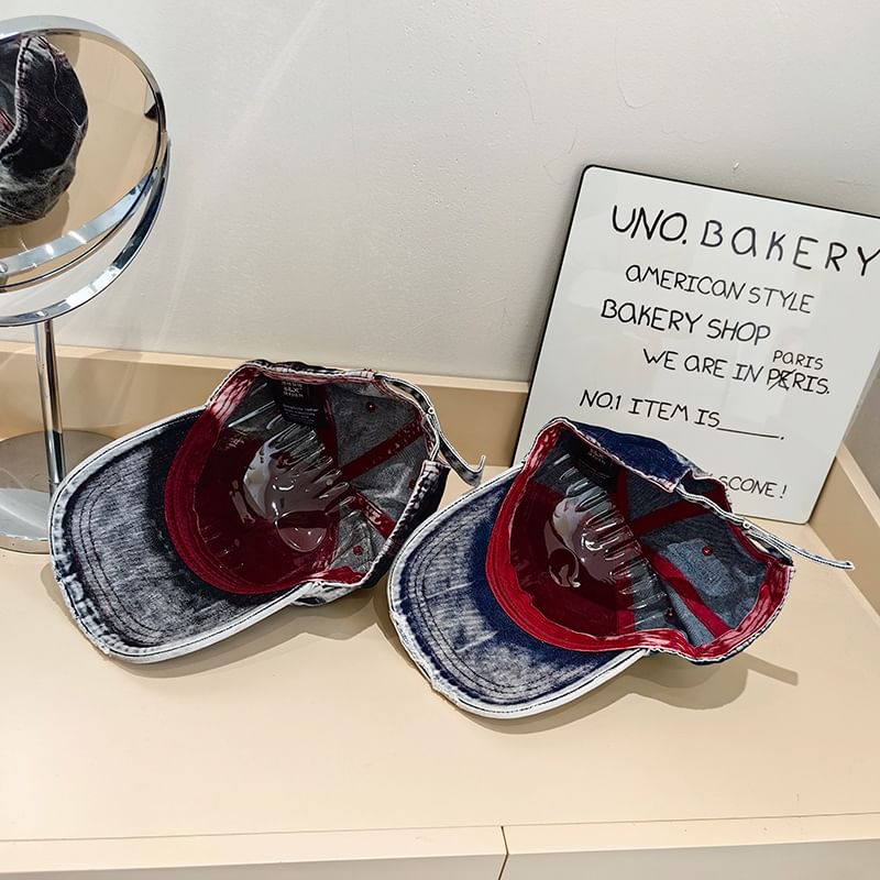 Denim Distressed Lettering Washed Cap Baseball