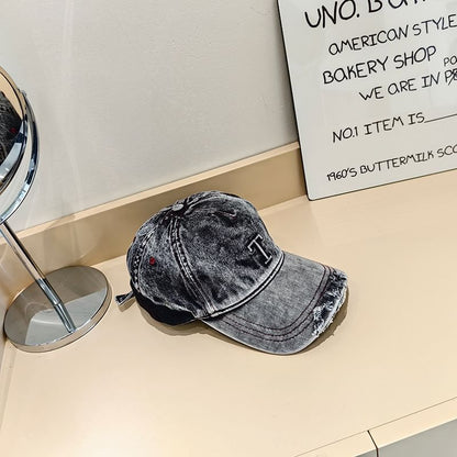 Denim Distressed Lettering Washed Cap Baseball