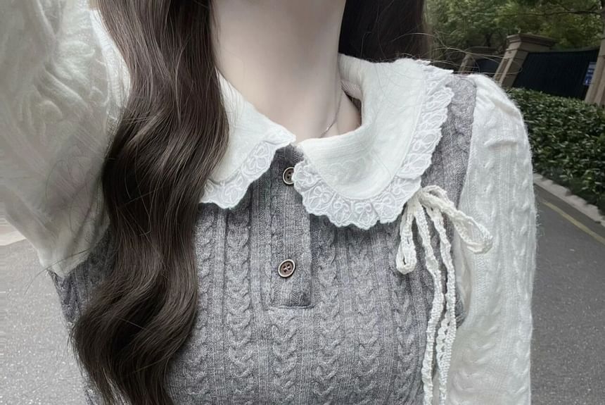 / Top Two-Piece Buttoned Half Pleated Skirt Long-Sleeve Knit Mock