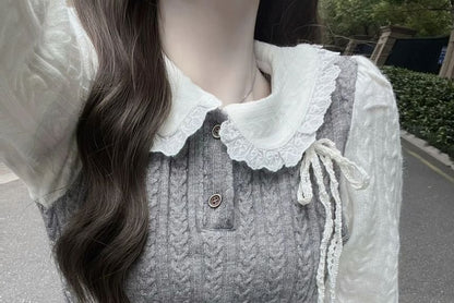 / Top Two-Piece Buttoned Half Pleated Skirt Long-Sleeve Knit Mock