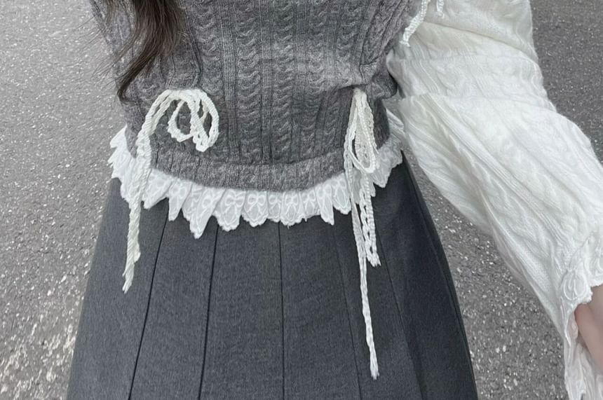 / Top Two-Piece Buttoned Half Pleated Skirt Long-Sleeve Knit Mock