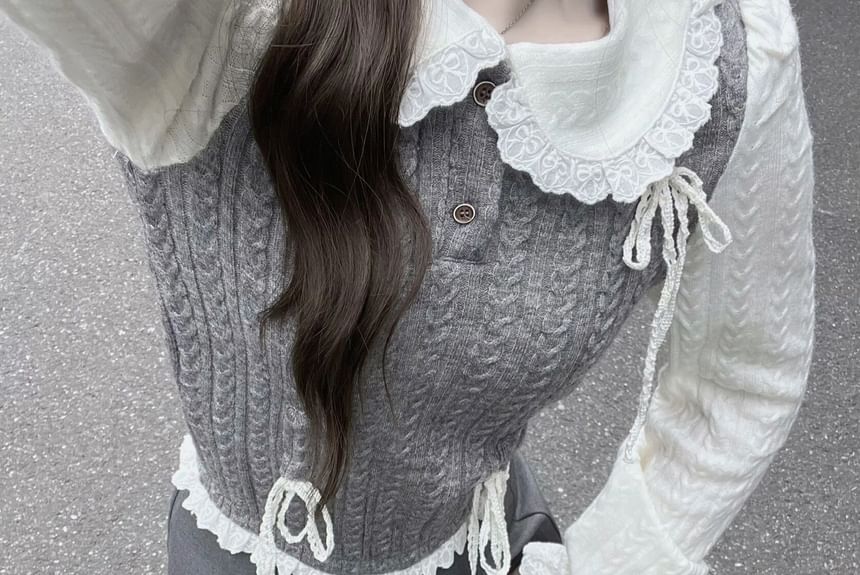 / Top Two-Piece Buttoned Half Pleated Skirt Long-Sleeve Knit Mock