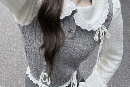 / Top Two-Piece Buttoned Half Pleated Skirt Long-Sleeve Knit Mock