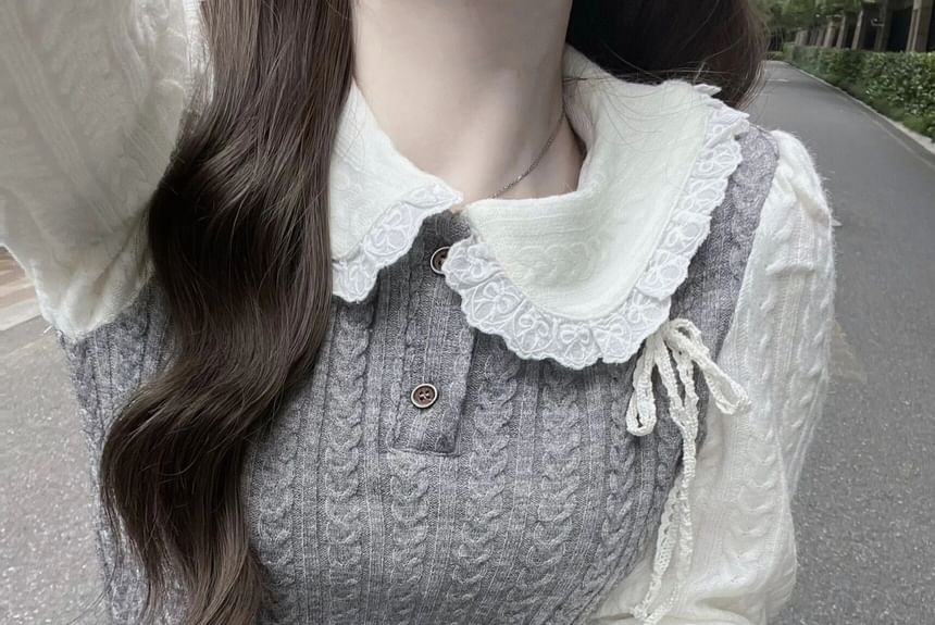 / Top Two-Piece Buttoned Half Pleated Skirt Long-Sleeve Knit Mock