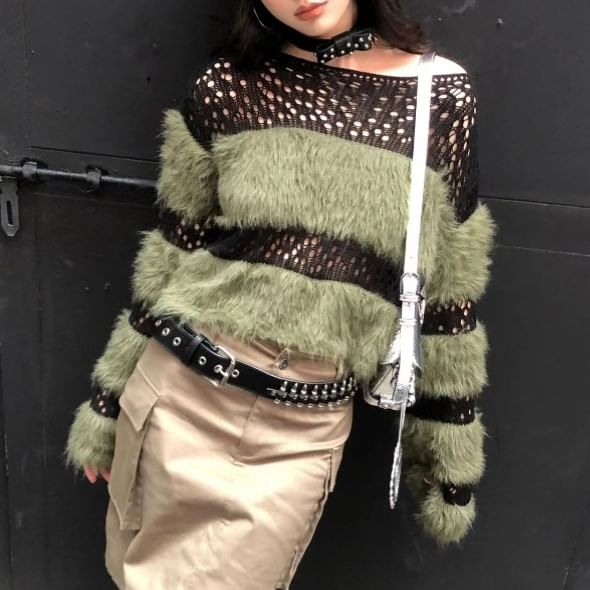 Perforated Top Knit Boatneck Long-Sleeve