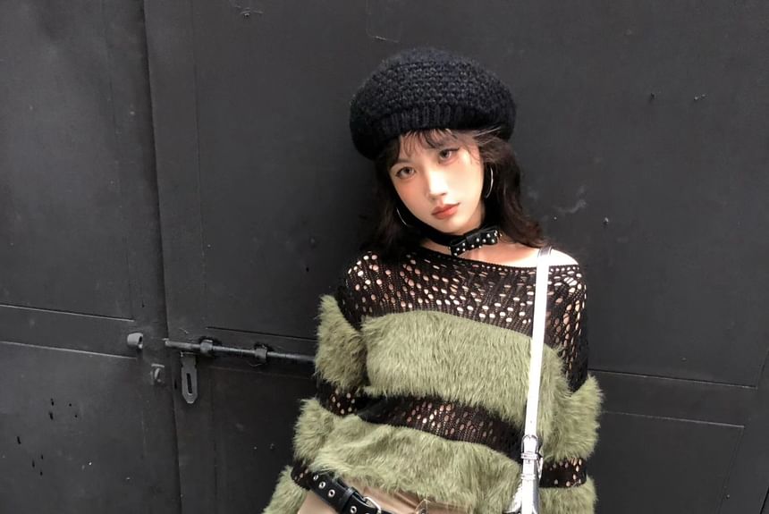 Perforated Top Knit Boatneck Long-Sleeve