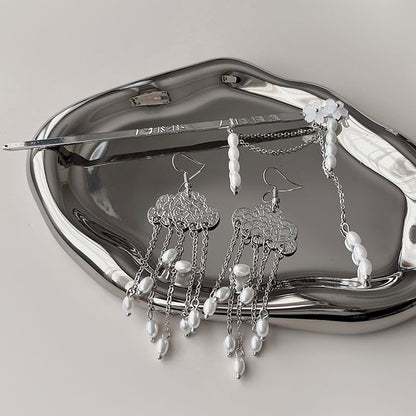 Faux / Pearl Floral Stick Hair Chandelier Alloy Earring