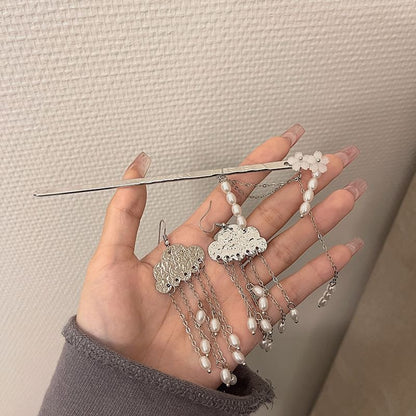 Faux / Pearl Floral Stick Hair Chandelier Alloy Earring