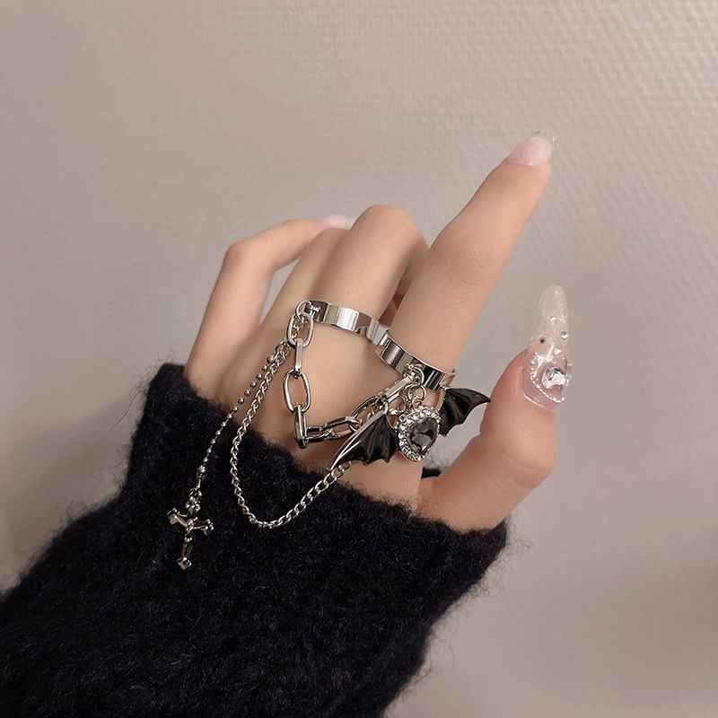 Alloy Cross Heart Bat Wing Ring Double