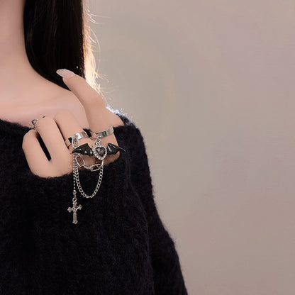 Alloy Cross Heart Bat Wing Ring Double