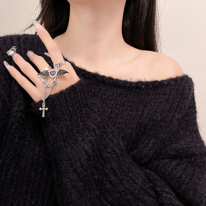 Alloy Cross Heart Bat Wing Ring Double