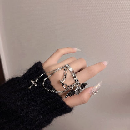 Alloy Cross Heart Bat Wing Ring Double