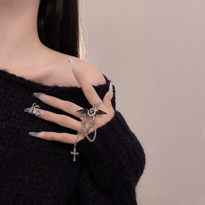 Alloy Cross Heart Bat Wing Ring Double