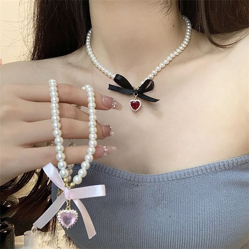Heart Faux Choker Pearl Pendant Ribbon