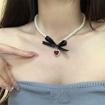 Heart Faux Choker Pearl Pendant Ribbon