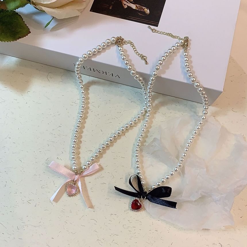 Heart Faux Choker Pearl Pendant Ribbon