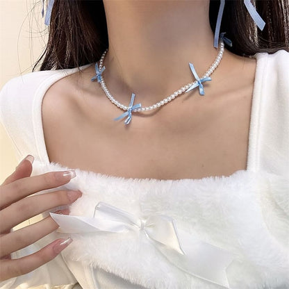 Pearl Ribbon Faux Choker