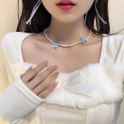 Pearl Ribbon Faux Choker
