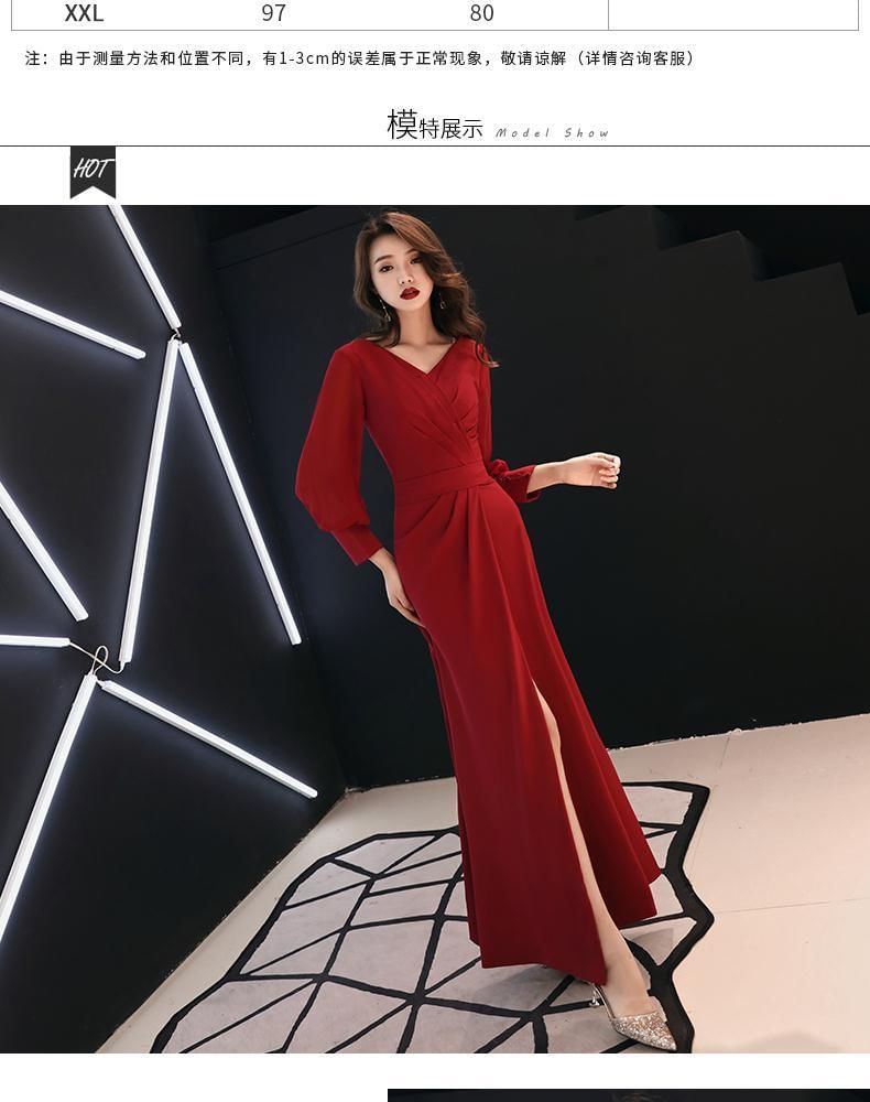 Long-Sleeve V-Neck Plain Ruched Slit Maxi Sheath Dress