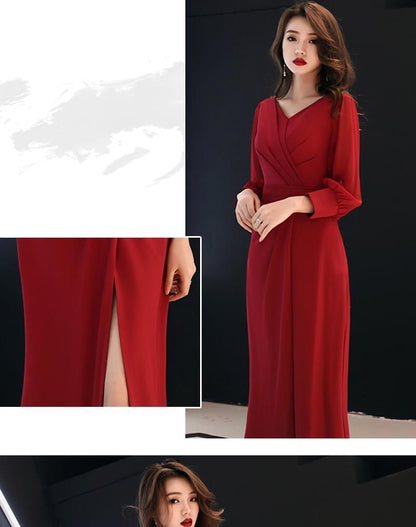 Long-Sleeve V-Neck Plain Ruched Slit Maxi Sheath Dress