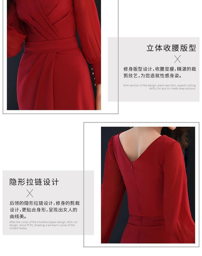 Long-Sleeve V-Neck Plain Ruched Slit Maxi Sheath Dress