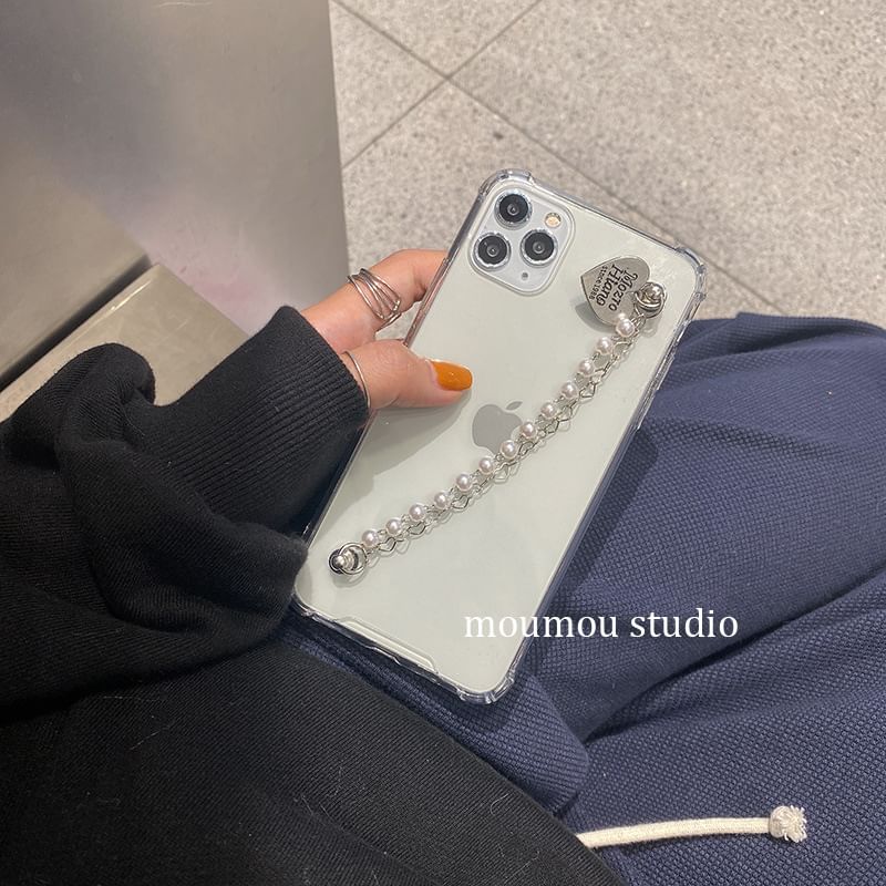 Phone Case Heart Strap Faux Pearl