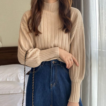Plain Neck Sweater Mock Ribbed