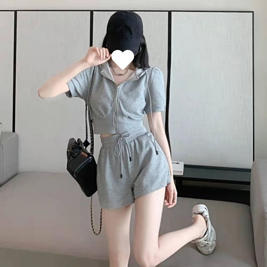 Plain Shorts Sweat Hoodie Short-Sleeve Zip Drawstring Waist + Set: