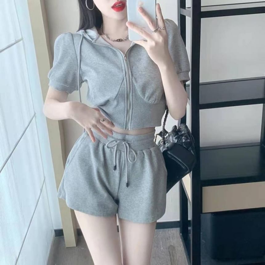 Plain Shorts Sweat Hoodie Short-Sleeve Zip Drawstring Waist + Set: