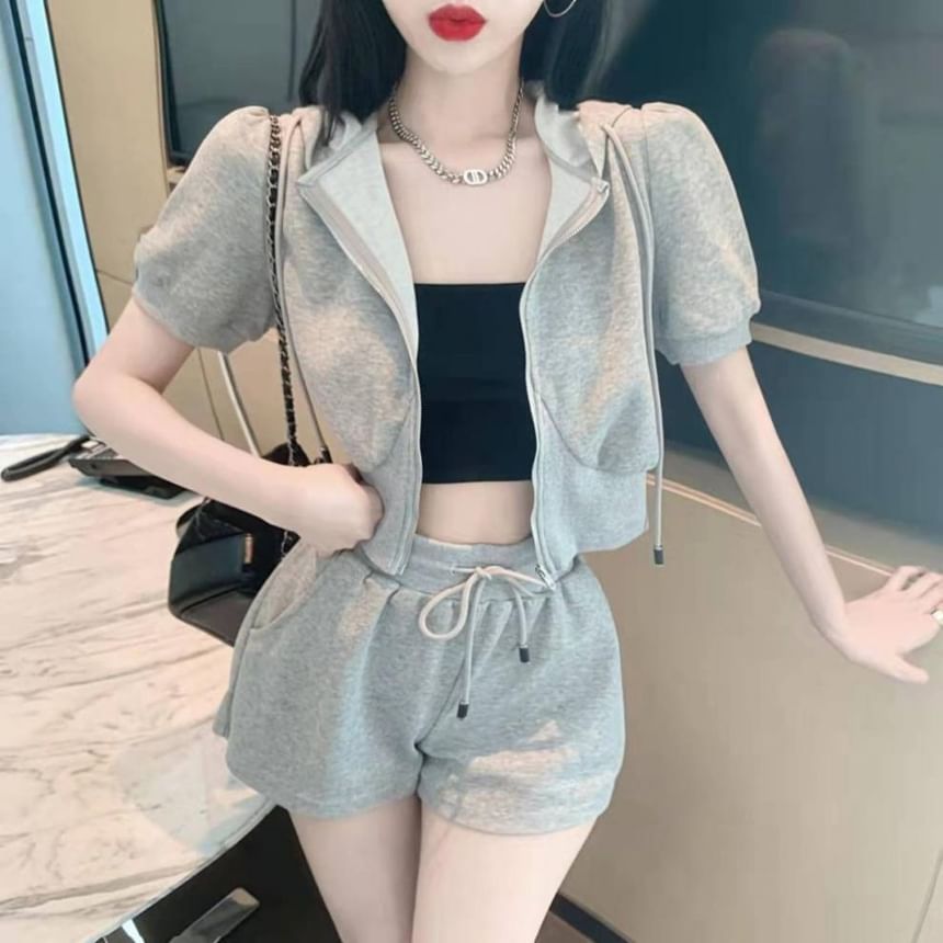 Plain Shorts Sweat Hoodie Short-Sleeve Zip Drawstring Waist + Set: