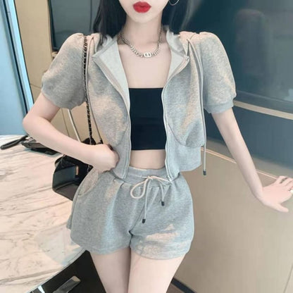 Plain Shorts Sweat Hoodie Short-Sleeve Zip Drawstring Waist + Set: