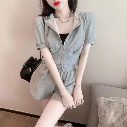 Plain Shorts Sweat Hoodie Short-Sleeve Zip Drawstring Waist + Set: