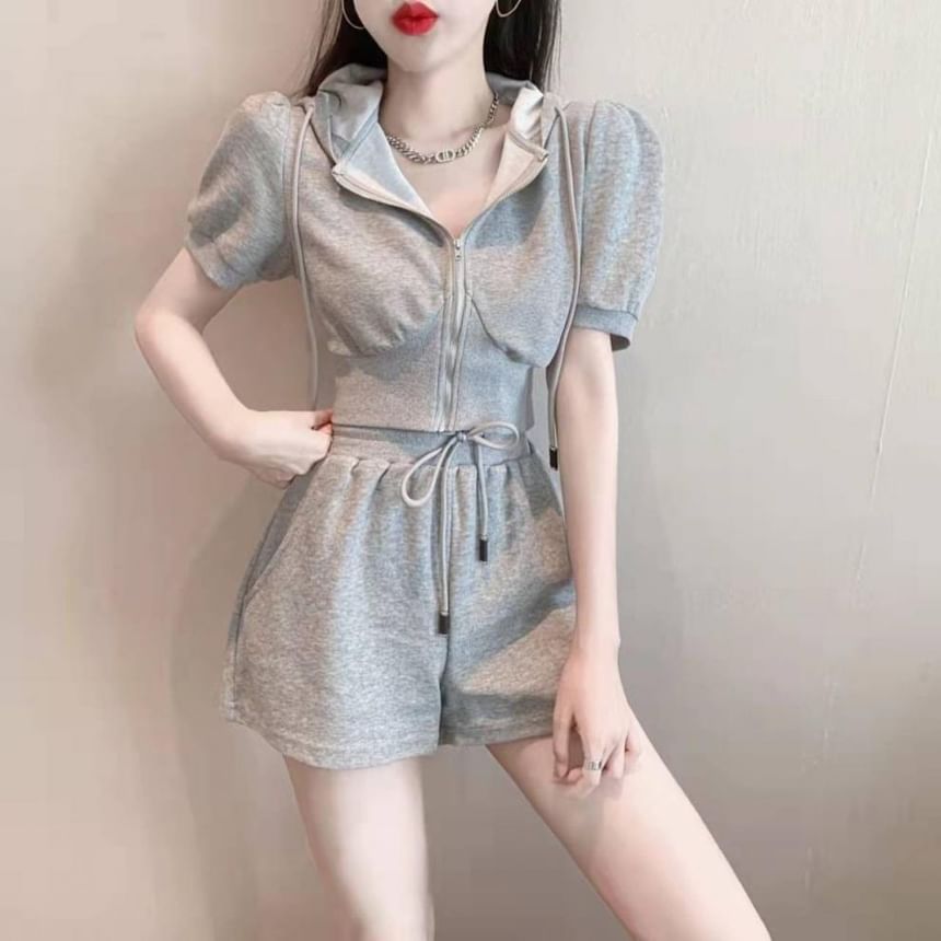 Plain Shorts Sweat Hoodie Short-Sleeve Zip Drawstring Waist + Set: