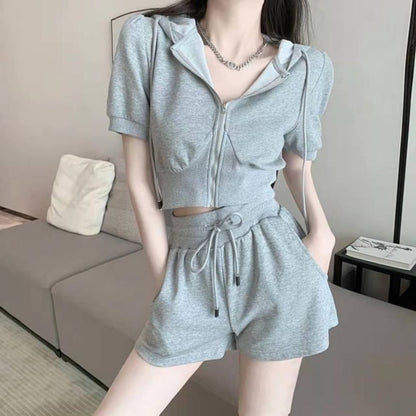 Plain Shorts Sweat Hoodie Short-Sleeve Zip Drawstring Waist + Set: