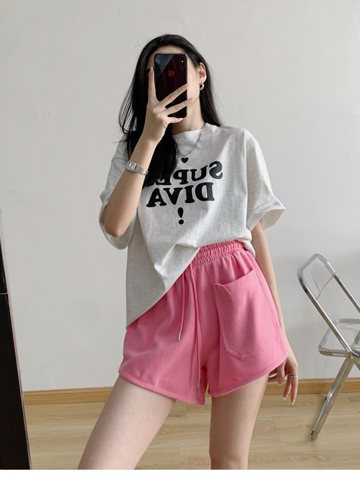 Plain Shorts Drawstring Waist Sweat