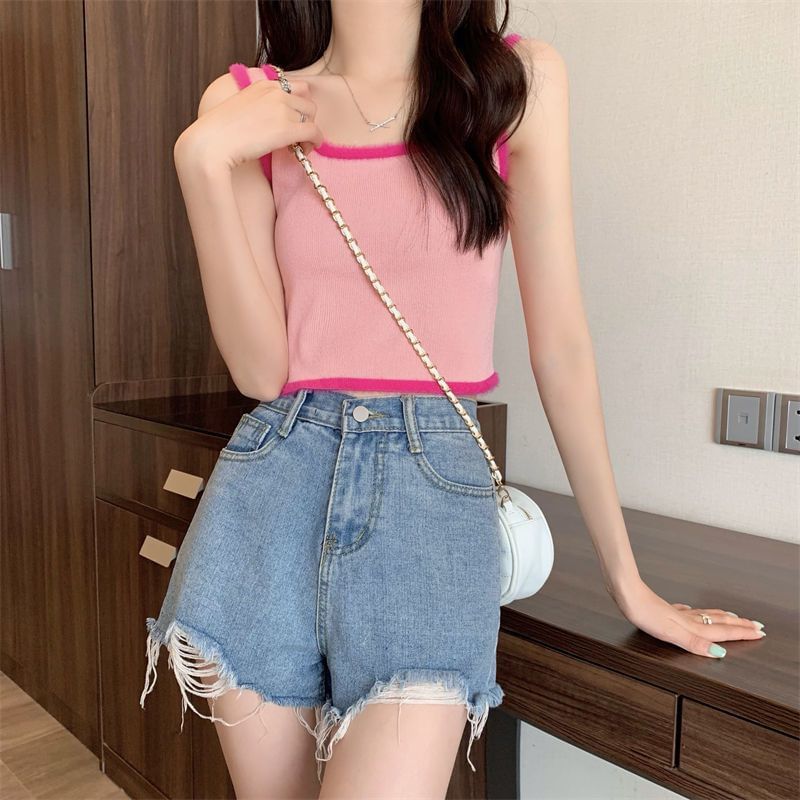 Trim Crop Scoop Neck Top Knit Contrast