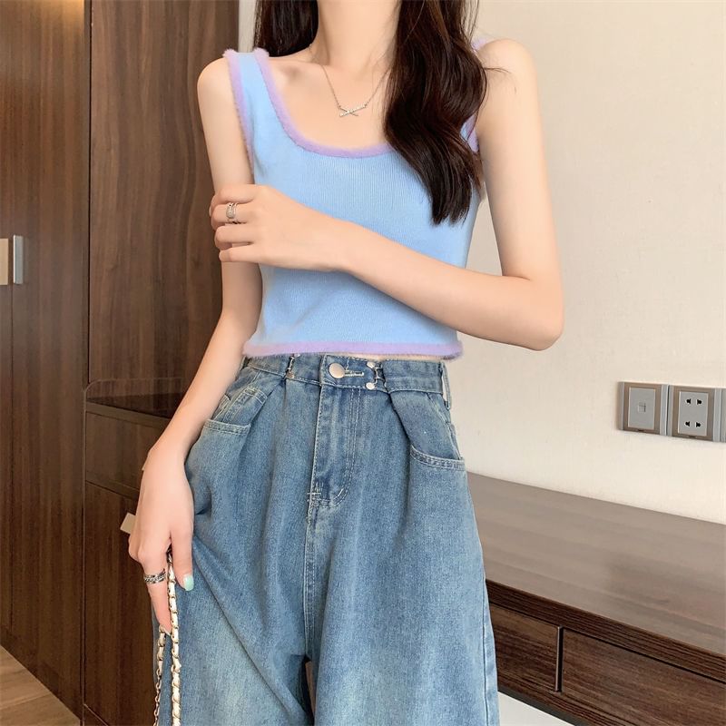 Trim Crop Scoop Neck Top Knit Contrast