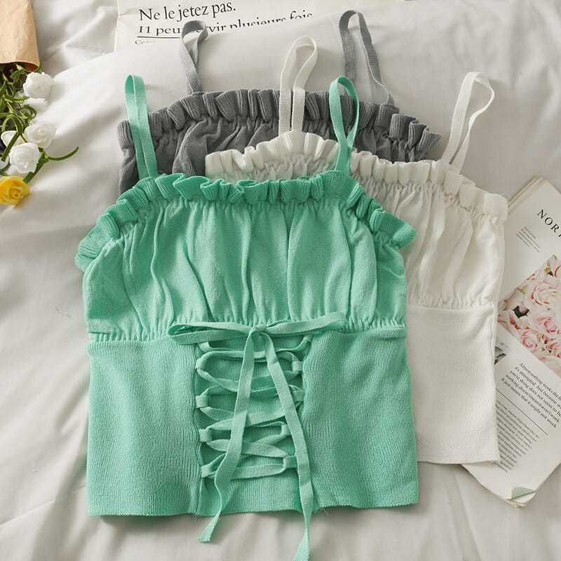 Lace Ruched Crop Plain Camisole Top Up