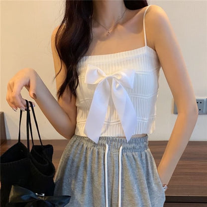 Bow Top Camisole Ribbed Knit Plain