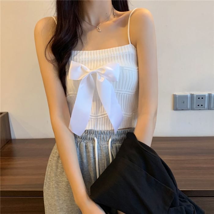 Bow Top Camisole Ribbed Knit Plain