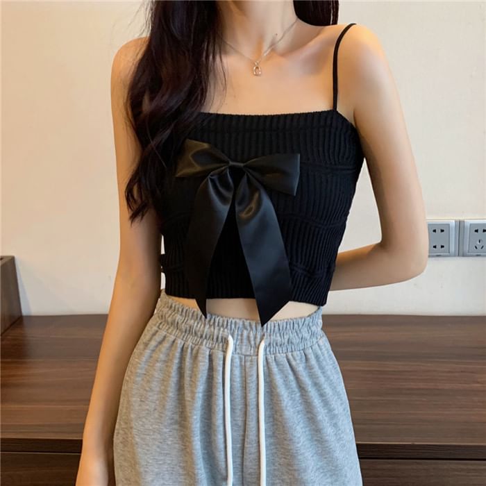 Bow Top Camisole Ribbed Knit Plain