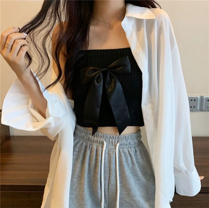 Bow Top Camisole Ribbed Knit Plain