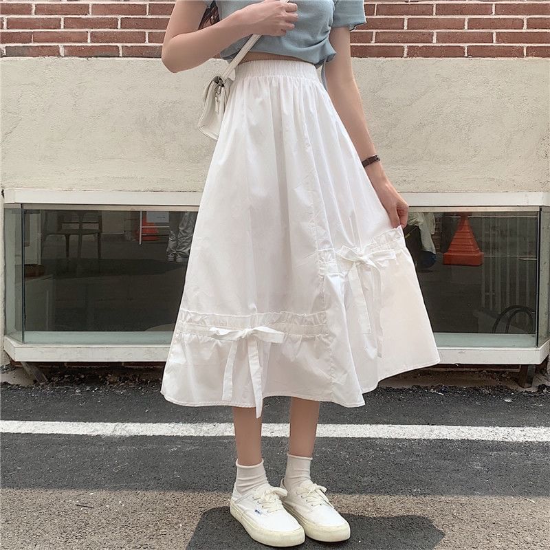 Panel A-Line Skirt Bow Elastic Plain Midi Waist