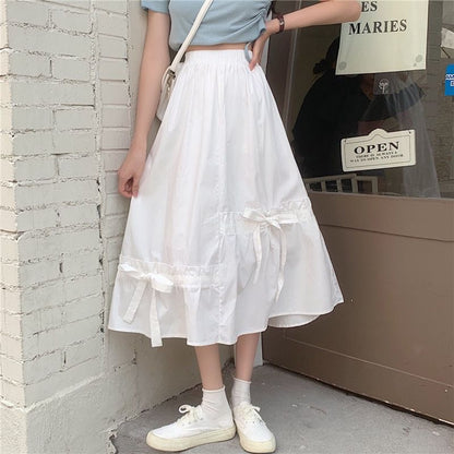 Panel A-Line Skirt Bow Elastic Plain Midi Waist